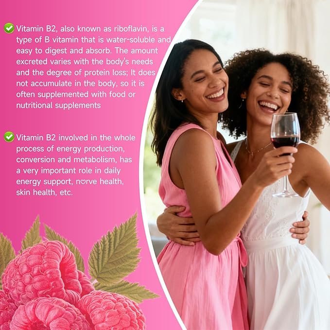 Lot de 2 Gommes Vitamine B2 Riboflavine 400mg avec Magnésium pour Enfants et Adultes, Gommes B2 pour le Soutien du Système Nerveux et la Santé de la Peau, Saveur Framboise, 120 Unités