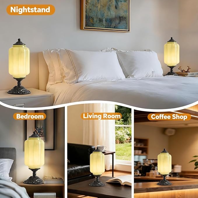 Milk Glass Table Lamp, Touch Control with USB Charging Port Vintage Bedside Desk Lamp Stepless Dimming for Bedroom Living Room Nightstand Led Bulbs Included （Green）