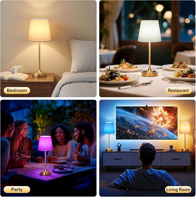 Wowag Cordless Table Lamp Rechargeable,5000mAh Battery Operated Desk Lamp,3 Colors & 7 RGB Stepless Dimmable,Touch Control Ambient Light for Bedside,Bedroom,Dining Room,Living Room,Gold,WhiteShade