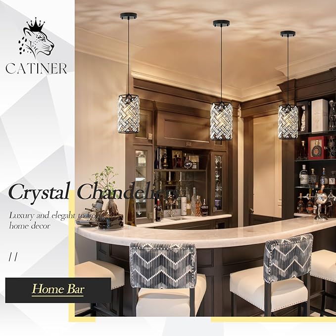 CATINER Modern Black Crystal Pendant Light Fixture - Mini Chandelier for Kitchen Island, Dining Room, Living Room, Hallway, Porch, Bedroom Lighting