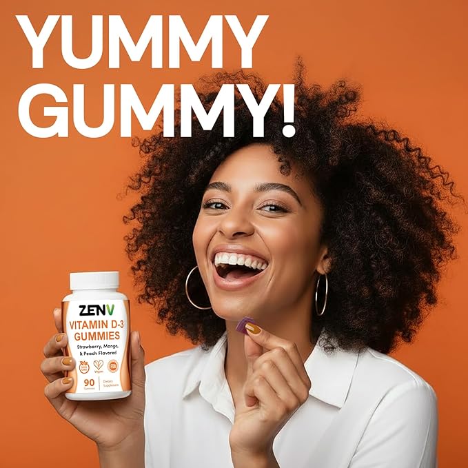 ZENV Vitamin D3 Gummies, Immune & Bone Support Dietary Supplement, Mixed Berry Mango & Peach Flavor, Non-GMO, Gluten Free, 90 Count