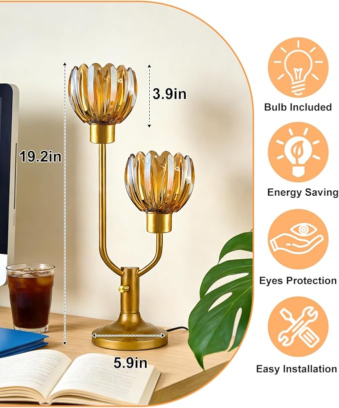 Lightdot Mid Century Modern Flower Table Lamp Dimmable Nightstand Lamp Amber Glass Vintage Gold Desk Lamp 2 Bulbs Included Warmwhite Ambient Bedside Lamp for Bedroom Living Room Home Office Decor Gift