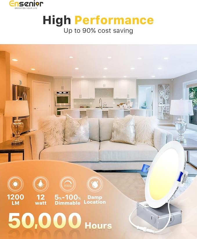 Ensenior 12 Pack 6 Inch LED Recessed Light, Dimmable, 2700K-5000K 5CCT, 1200LM High Brightness, 12W 120V, Damp Rated, Ultra-Thin Canless Wafer Ceiling Light - ETL & FCC & IC