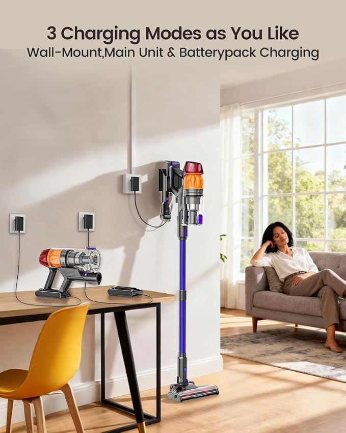 Cordless Vacuum Cleaner, 500W 40KPa 60Mins Vacuum Cleaners for Home, Powerful Stick Vacuum With Green Light, Anti-tangle Wireless Vacumm, Rechargeable Vacuum for Pet Hair/Carpet/Hardwood Floor, Purple