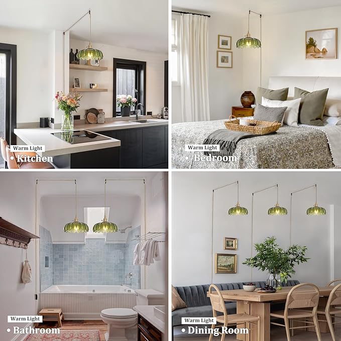 Shenmoyl Plug in Pendant Light Hanging Light Fixtures with Plugin Cord On/Off Switch,Green Scindapsus Glass Lampshade Brass Pendant Light