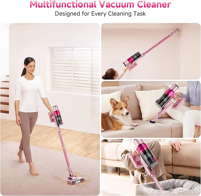 Cordless Vacuum Cleaner: Portable 6-in-1 Stick Vacuum with Anti-Tangle Brush, LED Headlight, Self-Standing, HD Display, Rechargeable Vacuum for Pet Hair, Low-Pile Carpet and Hardwood Floor-Dark Pink