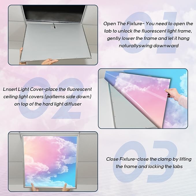Amylove 4 Pcs Fluorescent Light Covers Classroom Ceiling Panels Light Filters with Backlit Film Material for Office School, 4 x 2 Feet(Fancy Color,Colored Clouds)
