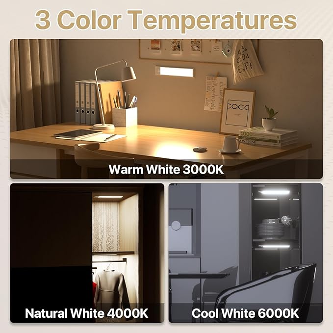 ORALUCE Under Cabinet Lighting Rechargeable Magnetic, 8inch LED Motion Sensor Light Indoor Battery Operated 3 Color Dimmable, Wireless Closet Lights for Kitchen Counter Stairs, 4 Pack