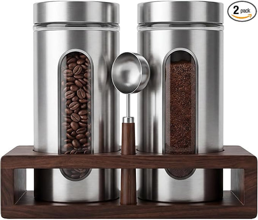 Suclain Stainless Steel Coffee Grounds Canisters with Shelf 2 x 50oz Sugar Coffee Bean Storage Container Airtight Threaded Lid Glass Window Scoop Kitchen Jar Set (Upgrade Style, 11.02 x 5.12 x 2.76'')