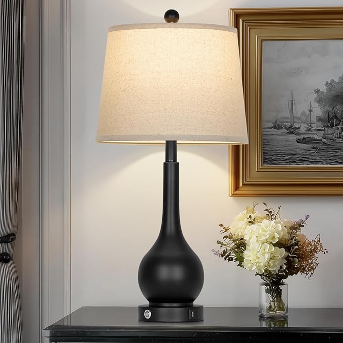 Rinweey 26" Black Table Lamp for Living Room Single, Touch Control Bedside Lamp for Nightstand, 3-Way Dimmable End Table Lamp for Bedroom with USB Charging Port (1 Pack)