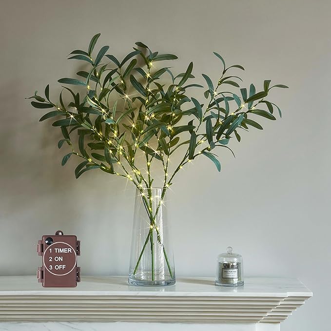 LITBLOOM Lighted Olive Branches 24IN 72 LED with Timer Battery Operated Lit Artificial Greenery for Wedding Party Spring Home Decoration Indoor Outdoor