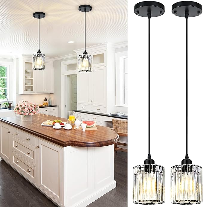 Black Pendant Lights for Kitchen Island, Elegant Modern Island Lights for Kitchen with Crystal Glass – Luxury 2 Pack Pendant Lights for Kitchen Island, Dining Table, Entryway, Restaurant