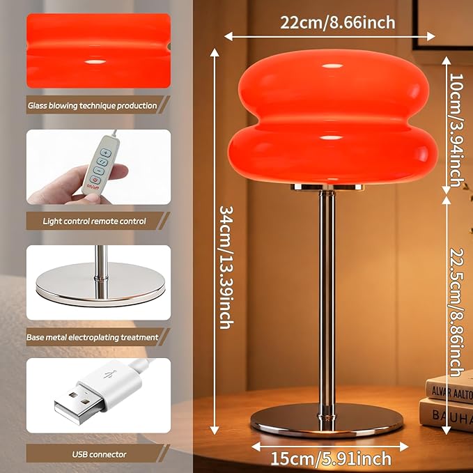 Bedroom Mushroom lamp, Medieval Modern Bedside Table lamp, dimmable Retro Egg Tart Headlight, Unique Home Mushroom Decoration Aesthetic Lovely Living Room Desk lamp (Red)