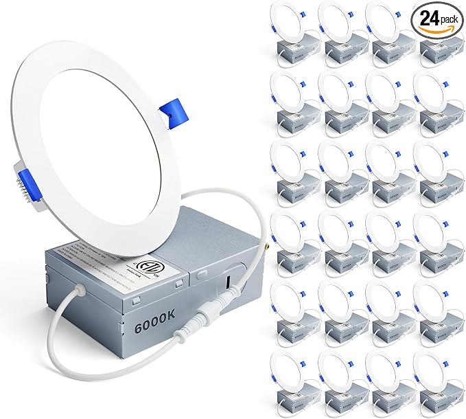 Ensenior 24 Pack 4 Inch LED Recessed Ceiling Light, Dimmable, 6000K Clear White, 750LM 9W 120V, High Brightness Canless Wafer Downlight - ETL&FCC&IC