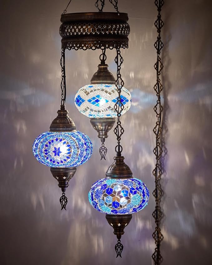 DEMMEX Plug-in Turkish Hanging Lamp, Handmade Moroccan Mosaic Chandelier Pendant Light Fixture with 15-ft Cord & Chain, Decorative Ceiling Lamp for Living Room, Bedroom, 3 Large 7'' Globes, 3.5 ft.