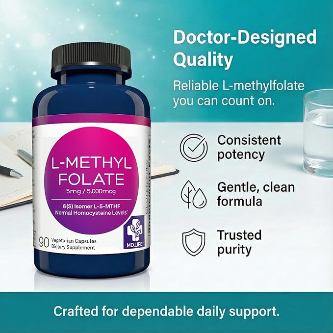 MD Life L-Méthylfolate 5mg - Supplément de Méthylfolate Actif de Qualité Professionnelle - Potentiel Maximal - Suppléments MTHFR - L-méthylfolate 5mg 90 Gélules - Acides Aminés Essentiels