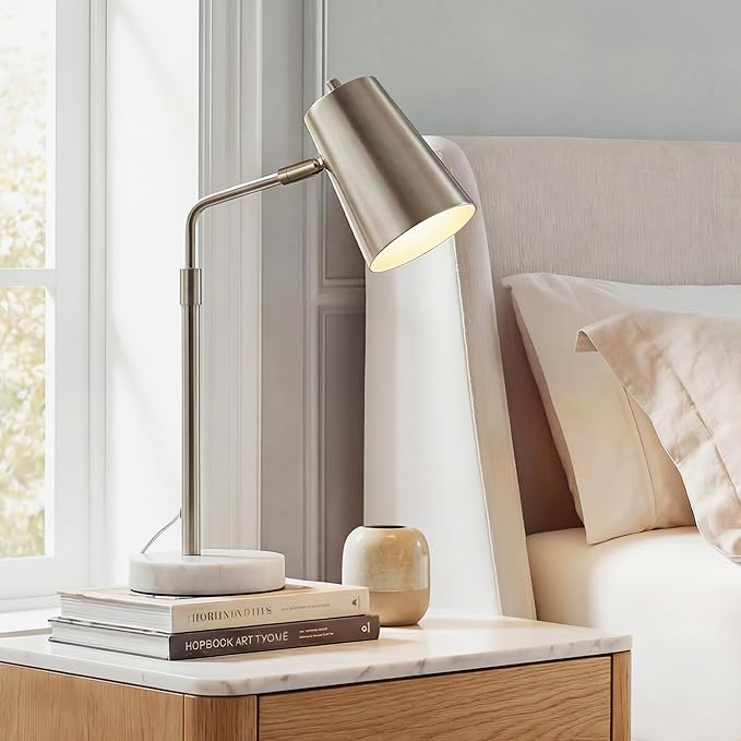 VONLUCE 20" Desk Lamp with LED Bulb, Metal Table Lamp Marble Base, Mid Century Modern Reading Lamp Office, Industrial Task Lamp Work Lamp for Reading Bedroom, Nickel