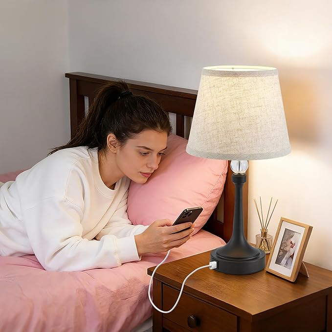 19.7'' Touch Table Lamps for Living Room, Small Lamp for Bedroom with USB C+A Ports, Dimmable Touch Lamps, Reading Desk Lamp for Office, Metal Bedside Lamps, Bulb Included, 1pcs, Black