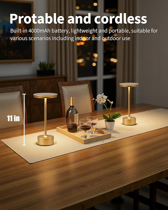 PUSU Rechargeable Table Lamps Set of 2, Gold Cordless LED 4000mAh Battery Desk Lamp, Stepless Dimming & 3 Color 2700K-6000K, Portable Lamp for Bedroom, Living Room, Restaurant, Outdoor, Night Light