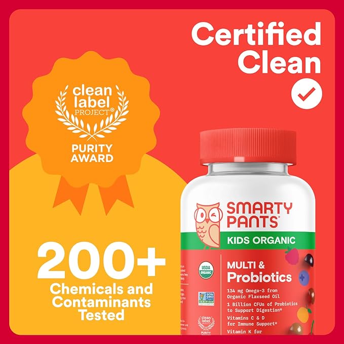 SmartyPants Complément alimentaire pour enfants – Multivitamines biologiques, probiotiques, oméga 3 (ALA), vitamines D3, C, B12, B6, A, K, zinc pour le soutien immunitaire, biotine, 3 saveurs de fruits, 120 gommes (30 jours d'approvisionnement)