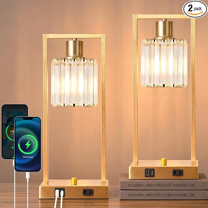 16" Desk Lamps for Home Office, Bedside Lamps with USB C+A Ports and Outlet, Gold Fully Stepless Dimmable Industrial Table Lamps with Crytal Glass Shade for Reading Living Room, LED Bulbs Included