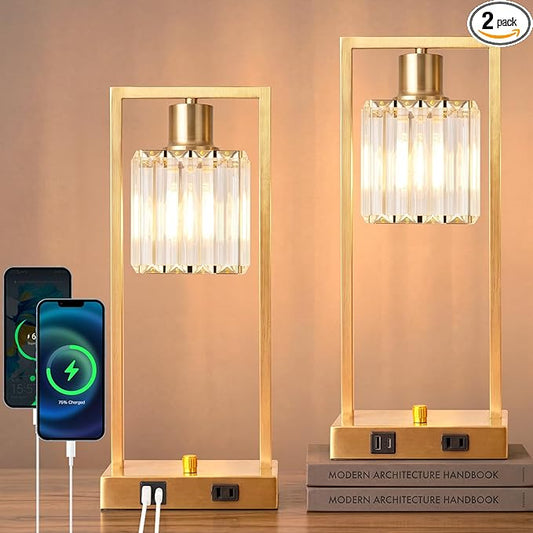 16" Desk Lamps for Home Office, Bedside Lamps with USB C+A Ports and Outlet, Gold Fully Stepless Dimmable Industrial Table Lamps with Crytal Glass Shade for Reading Living Room, LED Bulbs Included