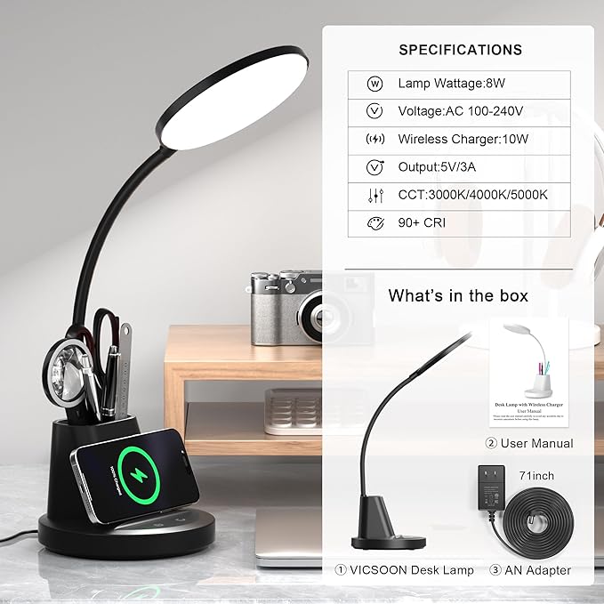 Desk Lamp with Wireless Charger, LED Desk Lamps for Home Office with Pen Holder, Dimmable Eye-Caring Study Desk Light Flexible Arm 3 Color Modes for College Dorm, 800 Lumens CRI 90
