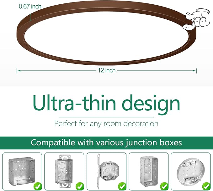 Brightever LED Flush Mount Ceiling Light Fixture Oil Rubbed Bronze, 24W 3200LM 5CCT Dimmable LED Ceiling Light, 2700K/3000K/4000K/5000K/6500K, 12 Inch Ceiling Lamp for Bedroom, Dining Room, 1 Pack