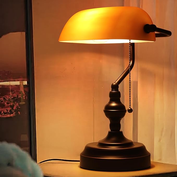 Bankers Desk Lamp with USB A and Type C Charging Port, Vintage Banker's Desk Lamp with Pull Chain Switch, Library Lamp for Office Study Room, Amber Glass Bronze Desk Lamps