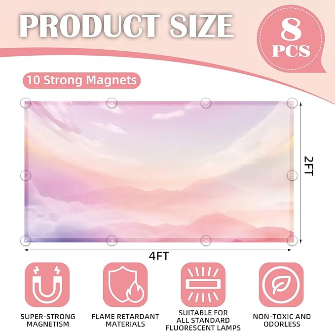 ANGSYLTH 8 Pcs Fluorescent Light Covers - 4 x 2 Feet Covers for Ceiling Lights, 8 x 10 Magnetic Light Filters for Classroom, Office, Hospitals (Pink - Sky)
