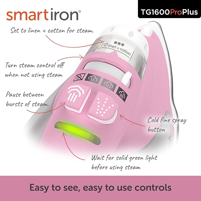 oliso TG1600 ProPlus Auto-Lift Steam Iron - Sewing Quilting & Clothes Ironing – 1800W, Rosé