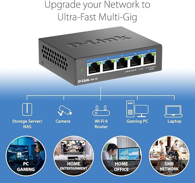 D-Link 5-Port 2.5GB Unmanaged Gaming Switch with 5 x 2.5G - Multi-Gig, Network, Fanless, Plug & Play (DMS-105),Black
