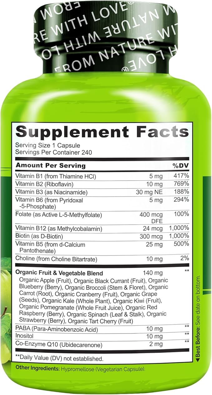 NATURELO Vitamin B Complex, 240 Capsules, Vegan, CoQ10, Methyl Folate, Biotin, Fruit & Veg Blend, Supports Energy and Healthy Stress Response, Super B Complex Vitamins for Women and Men