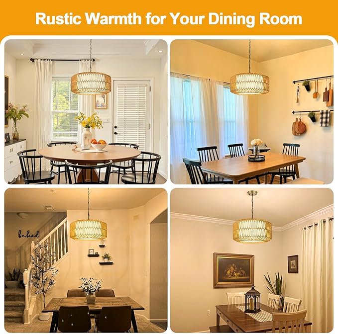9"-52" Height Adjustable Farmhouse Chandelier Light Fixture, 5-Light Rattan Boho Chandeliers for Dining Room, Hand Woven Pendant Light with Linen Shade, Rustic Hanging Lighting for Kitchen Island
