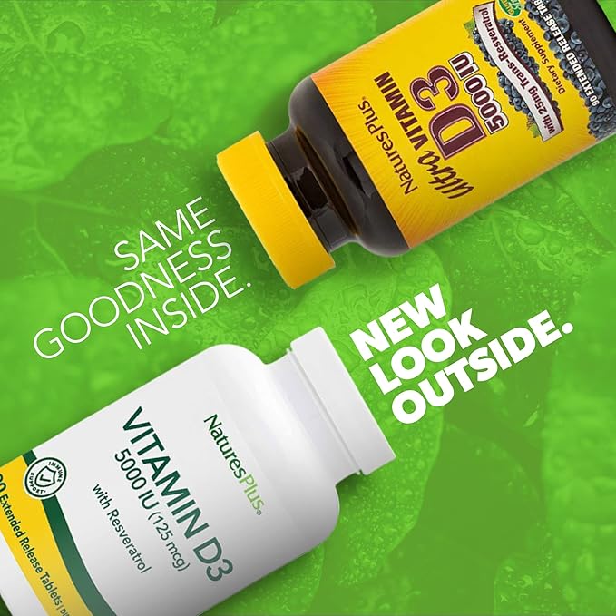 NaturesPlus Vitamine D3, Libération Prolongée - 90 Comprimés Végétaliens - 5000 UI + 25 mg Trans-Resvératrol - Santé Cardiaque et Osseuse, Soutien du Système Immunitaire, Anti-âge - Sans Gluten - 90 Portions