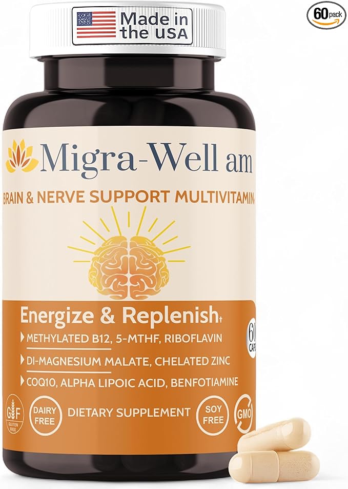 Wellkasa Migra-Well AM : Multivitamine méthylée énergisante quotidienne avec minéraux biodisponibles et antioxydants soutenant la santé du cerveau et des nerfs pour femmes et hommes - Sans fer (60 gélules)
