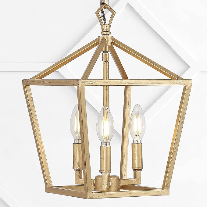 JONATHAN Y 10" Brass Gold 3-Light Pagoda LED Pendant Lantern, Classic Modern Farmhouse Chandelier for Kitchen Island, Dining Room, Entry, Foyer, Rustic Iron Frame (JYL7601B)