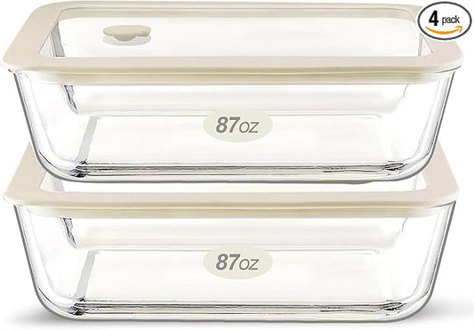 Urban Green Glass Food Container Set with Glass Lid, Large Meal Prep Container Set, Airtight Food Storage Containers with Air Vent Lid, 2 Pack, Large, 87oz, LeakProof, 100% Plastic Free, White color,