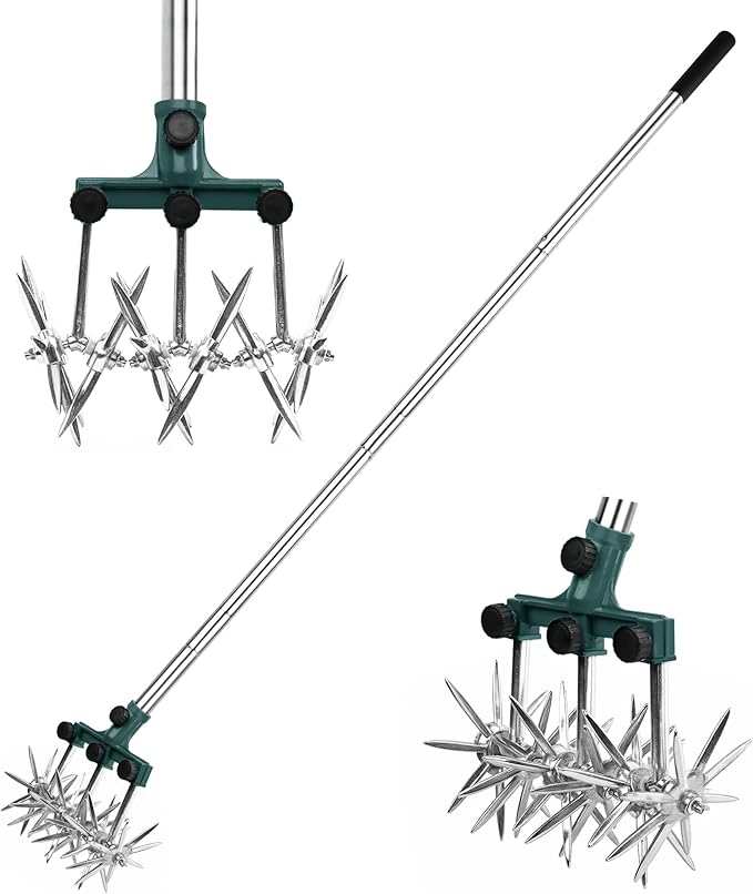 BARAYSTUS Rotary Cultivator Garden Rotary Tiller Adjustable Stainless Steel Poles Hand Tiller for Soil Mixing or Reseeding Grass Lawn Tiller Total Length 57 Inch