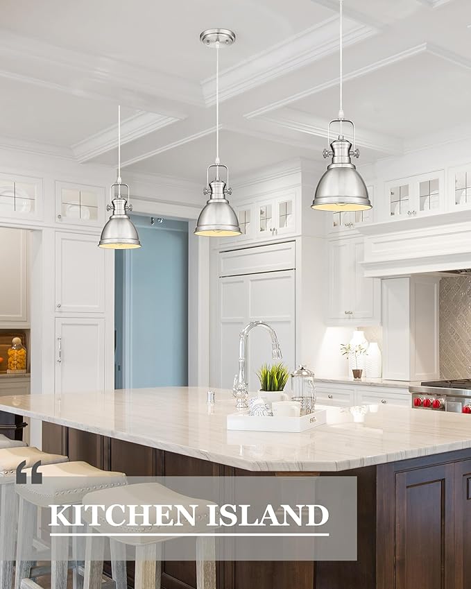 2 Pack Pendant Lights Kitchen Island, Farmhouse Hanging Lights Fixtures with Metal Shade, Rustic Kitchen Pendant Lighting Over Island for Dining Room, Brushed Nickel, AD-2151-1P2-SN