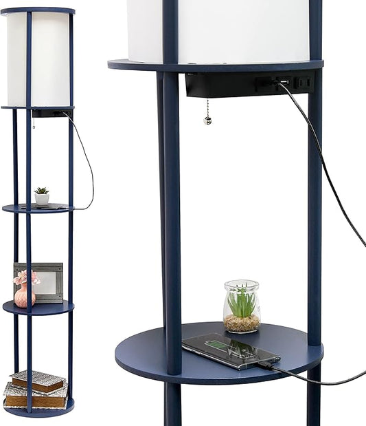 Simple Designs LF2010-NAV 62.5" Round Modern Shelf Etagere Organizer Storage Floor Lamp with 2 USB Charging Ports, 1 Charging Outlet and Linen Shade for Living Room Bedroom Office, Navy