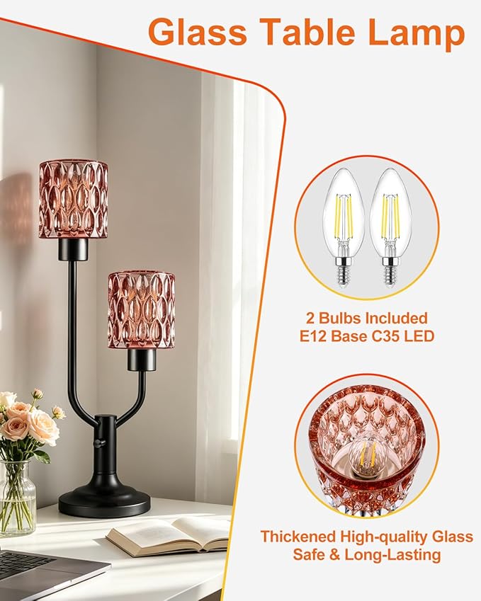 Lightdot Mid Century Modern Table Lamp Dimmable Nightstand Lamp Red Glass Vintage Black Desk Lamp 2 Bulbs Included Warmwhite Ambient Bedside Lamps for Living Room Bedroom Girls Room Home Office Decor