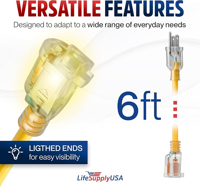 6ft Outdoor/Indoor Extension Cord 16/3 Gauge Heavy Duty 3 Prong SJTW, Waterproof, Flexible Cold-Resistant Long Power Cord,13A 125V 1625W, Yellow by LifeSupplyUSA