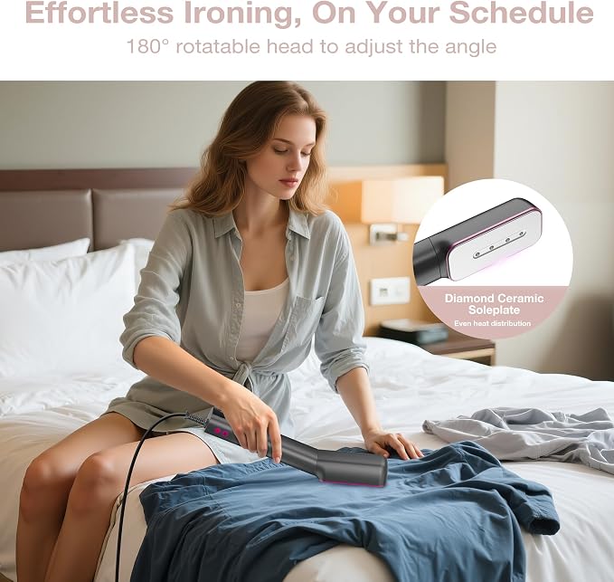 Newbealer 3in1 Travel Iron, 100-240V Clothes Steamer,2 Steam Levels,Ashpink | Portable for On-the-Go, Heats in 20s, Dry Iron w/ Clamp, 180° Rotatable Head, 360° Leak-Proof, Auto-Off, Self-Cleaning, 90ml