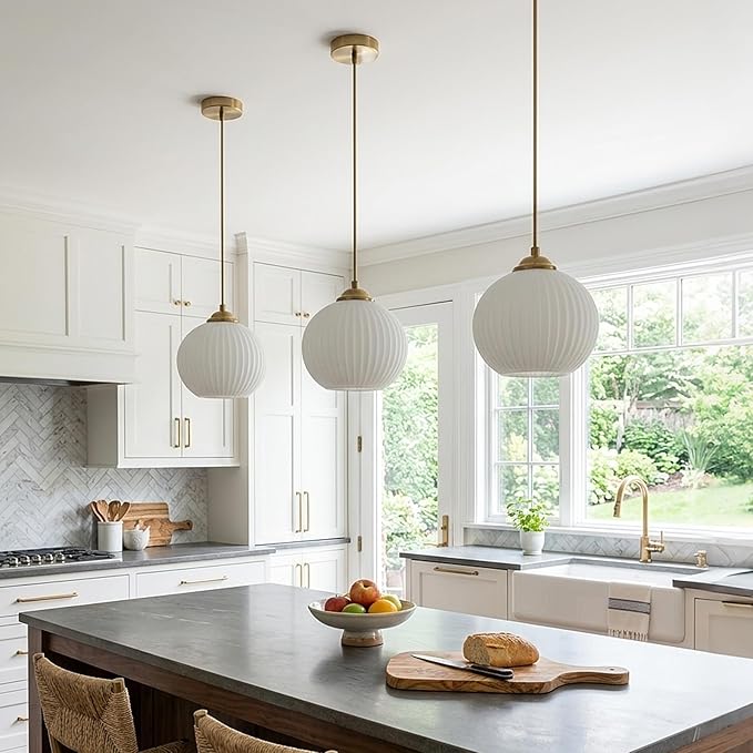 KCO Lighting Mid Century 1-Light Globe Pendant Light Industrial Vintage Brass Gold Pendant Lighting Fixture Kitchen Island Adjustable White Glass Hanging Ceiling Lights