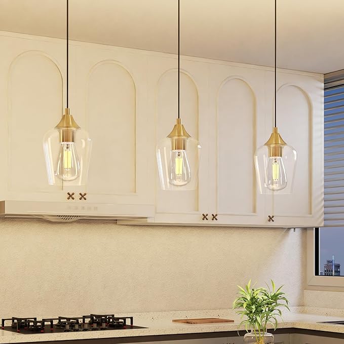 VONLUCE Pendant Light Kitchen Island, Brushed Gold Pendant Light Fixture with E26 Base & Adjustable Cable, Modern Pendant Lighting with Glass Shade for Living Room Bedroom Hallway