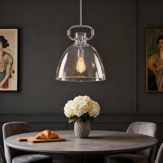 Large Pendant Lights Kitchen Island, 14'' Brushed Nickel Pendant Lights Fixture with Clear Glass Shade, 1-Light Modern Glass Kitchen Island Lighting for Dining Room Bedroom Over Table, E26