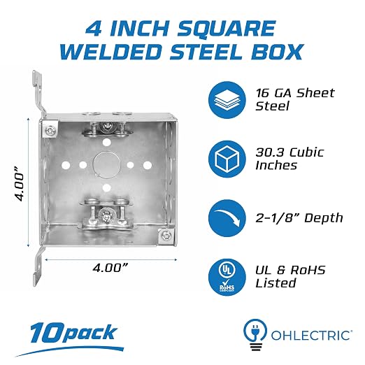 OHLECTRIC 4" Square Welded Electrical Box with Flush Mount Brackets (10-Pack) 2-1/8 Inch Deep Box with BX/MC Cable Clamp, ½ & ¾ Knockouts, Galvanized Steel, 30.3 Cu. in. Metal Junction Box