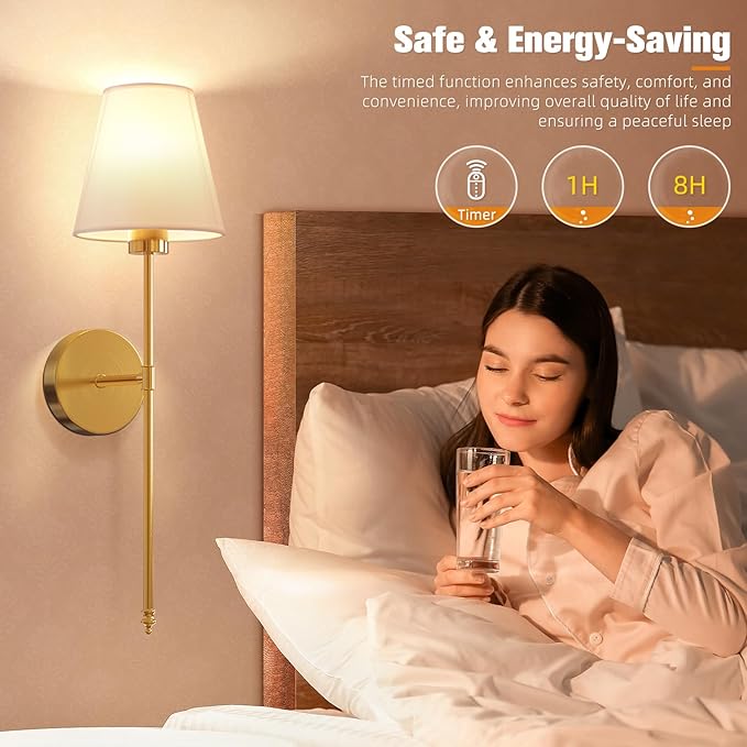 NIORSUN 19.9 inch Battery Operated Wall Sconce Set of 2,Gold Rechargeable Wall Lights with 10400mAh Dimmable Detachable Bulbs and Remote,10 Colors Wireless Sconces for Bedroom Living Room Hallway