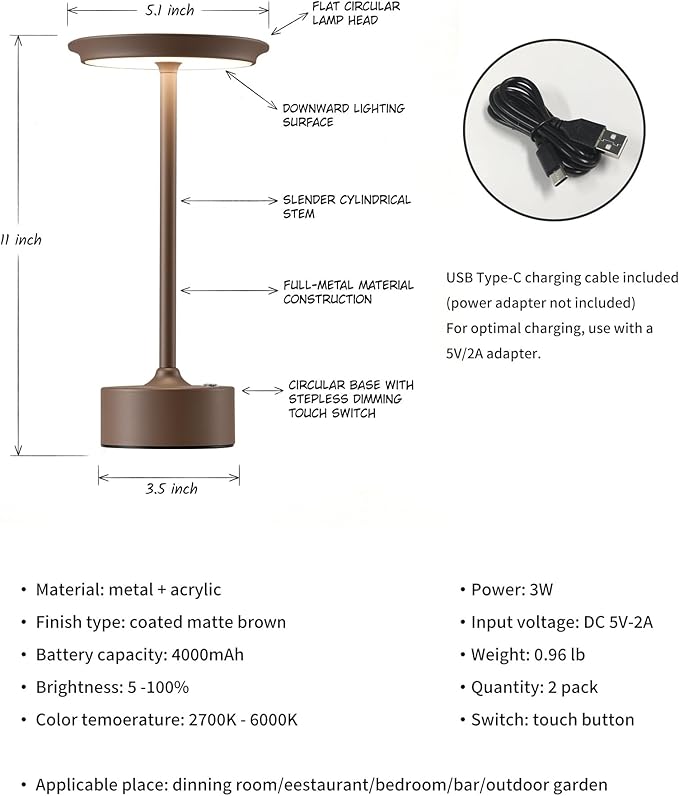 PUSU Rechargeable Table Lamps Set of 2, Brown Cordless LED 4000mAh Battery Desk Lamp, Stepless Dimming & 3 Color 2700K-6000K, Portable Lamp for Bedroom, Living Room, Restaurant, Outdoor, Night Light